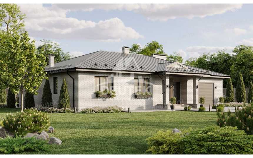 Проект квадратного одноэтажного дома с одноместным гаражом - LK-322