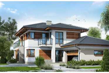 Проект двухэтажного дома из керамических блоков с террасой и двухместным гаражом DTN100028