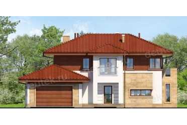Проект двухэтажного дома из керамических блоков с террасой и двухместным гаражом DTN100056