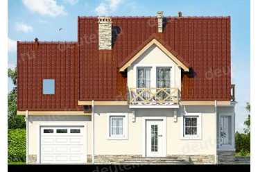 Проект двухэтажного дома с одноместным гаражом, мансардой и эркером 12 на 8 DTS100035