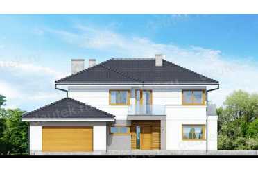 Проект двухэтажного дома из керамоблоков с мансардой и двухместным гаражом DTV100164